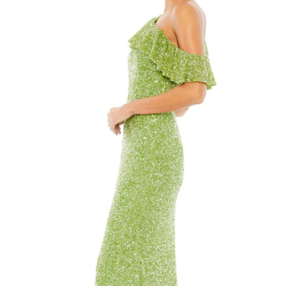 MAC DUGGAL SEQUIN DROP SHOULDER KEY LIME TRUMPET GOWN sz 14 - Picture 4 of 6